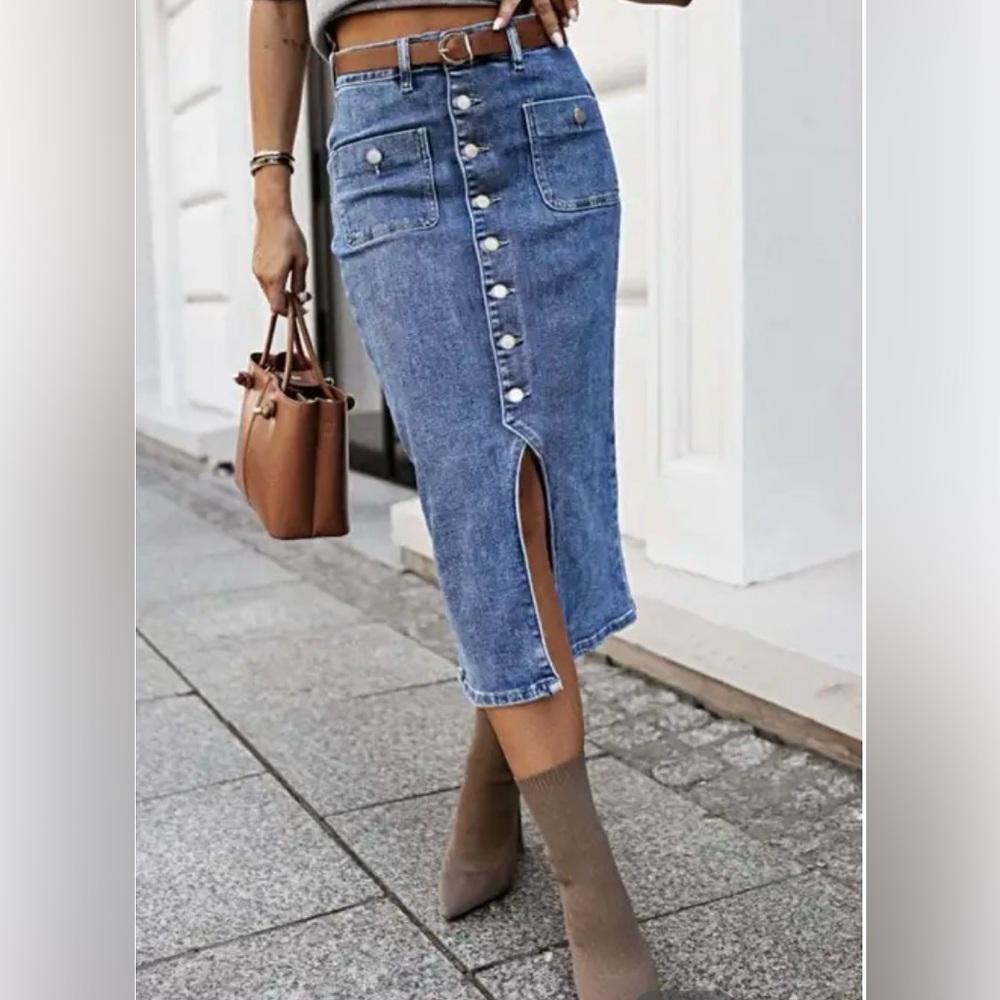 Flamingals Split Hem Button Up Midi Stretchy Deni… - image 1